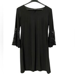 Black Cocktail Party Dress with Sheer Sequins Bell Sleeves Size 8